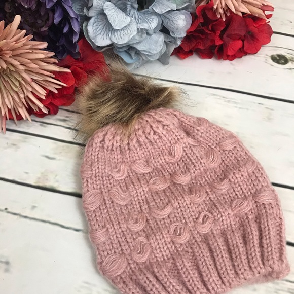 Baby/Toddler Pink Knit Beanie with Fur Pom Pom - Picture 4 of 6
